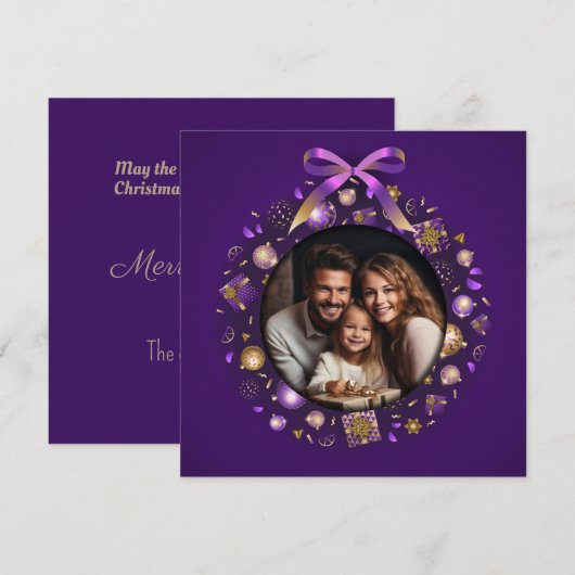 Paarse en Gouden Fotokrans Feestdagenkaart (Voorkant / Achterkant)