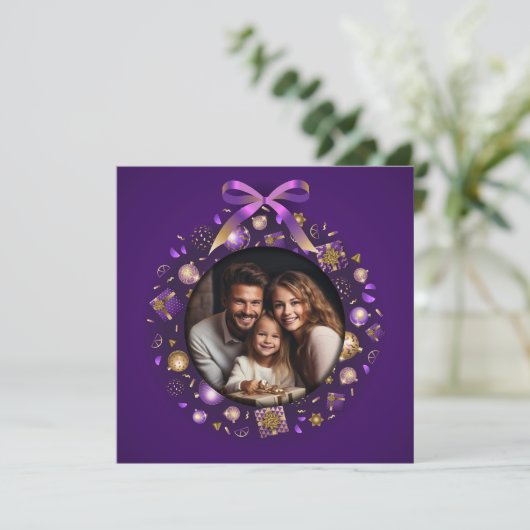Paarse en Gouden Fotokrans Feestdagenkaart (Staand voorkant)