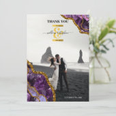 Paarse en gouden geanide bruidfoto bedankkaart (Staand voorkant)