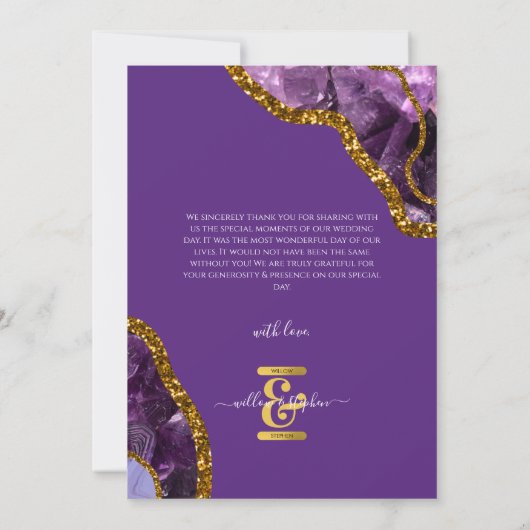 Paarse en gouden geanide bruidfoto bedankkaart (Achterkant)