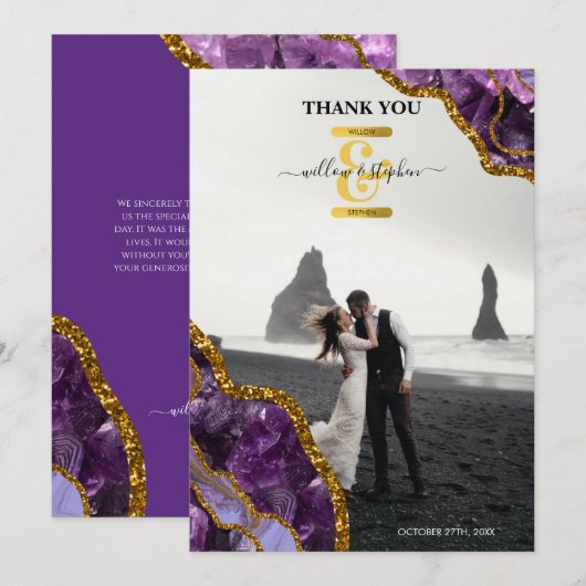 Paarse en gouden geanide bruidfoto bedankkaart (Voorkant / Achterkant)