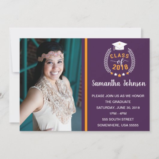 Paarse en gouden / gele afstudeerfeest uitnodigen kaart (Voorkant)