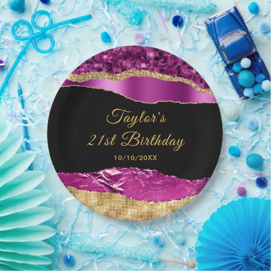 Paarse en gouden glam tranen verjaardagsfeestje papieren bordje (Feest)