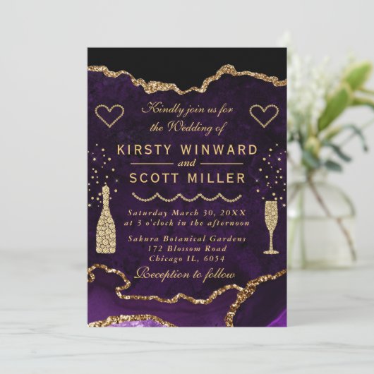 Paarse en gouden glinsterende agaat marmeren bruil kaart (Staand voorkant)