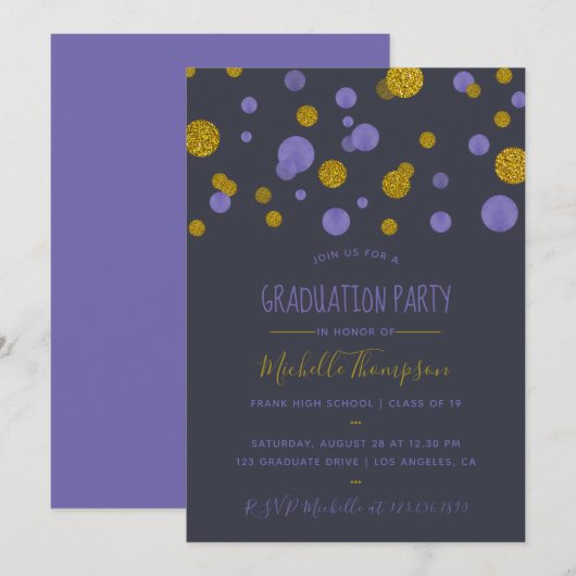 Paarse en gouden glinsterende confetti afstudeerfe kaart (Voorkant / Achterkant)