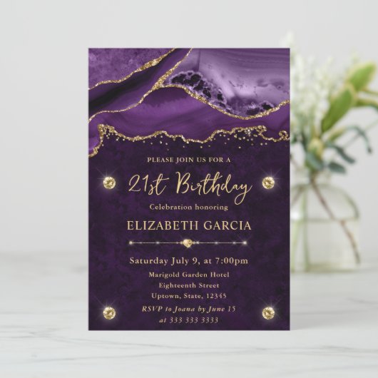 Paarse en gouden glitter agaat 21e verjaardag kaart (Staand voorkant)