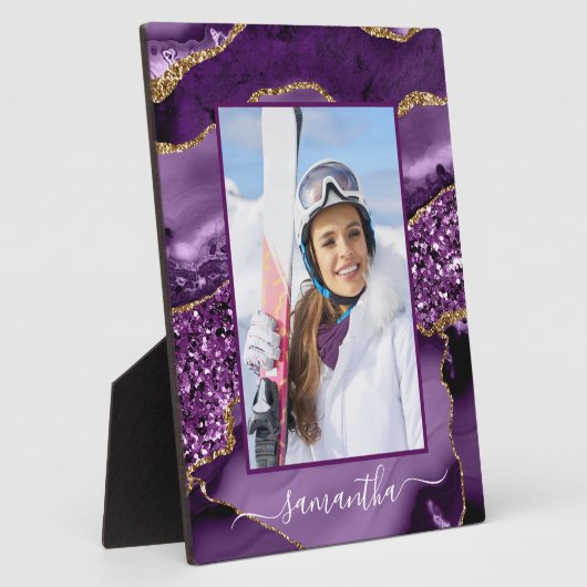 Paarse en Gouden Glitter Agaat Elegante Naam Foto Fotoplaat (Zijkant)