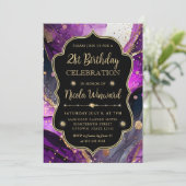 Paarse en gouden Glitter Alcoholinkt 21e Verjaarda Kaart (Staand voorkant)