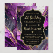 Paarse en gouden Glitter Alcoholinkt 21e Verjaarda Kaart (Voorkant / Achterkant)