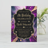 Paarse en gouden Glitter Alcoholinkt 21e Verjaarda Kaart (Staand voorkant)