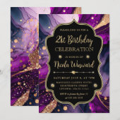 Paarse en gouden Glitter Alcoholinkt 21e Verjaarda Kaart (Voorkant / Achterkant)