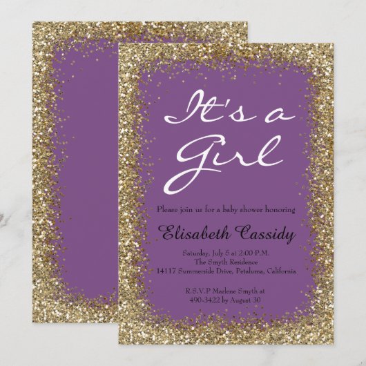 Paarse en gouden glitter Baby Girl Shower Kaart (Voorkant / Achterkant)