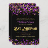 Paarse en gouden Glitter Bat Mitzvah Kaart (Voorkant / Achterkant)