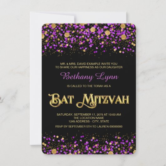 Paarse en gouden Glitter Bat Mitzvah Kaart (Voorkant)
