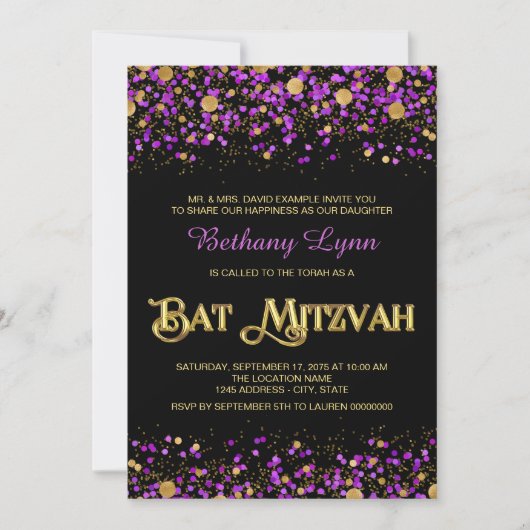 Paarse en gouden Glitter Bat Mitzvah Kaart (Voorkant)