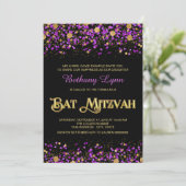 Paarse en gouden Glitter Bat Mitzvah Kaart (Staand voorkant)