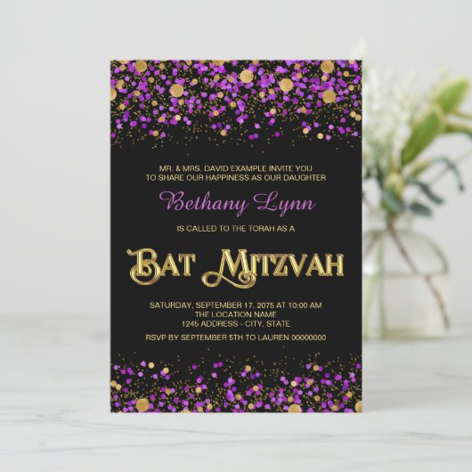 Paarse en gouden Glitter Bat Mitzvah Kaart (Staand voorkant)