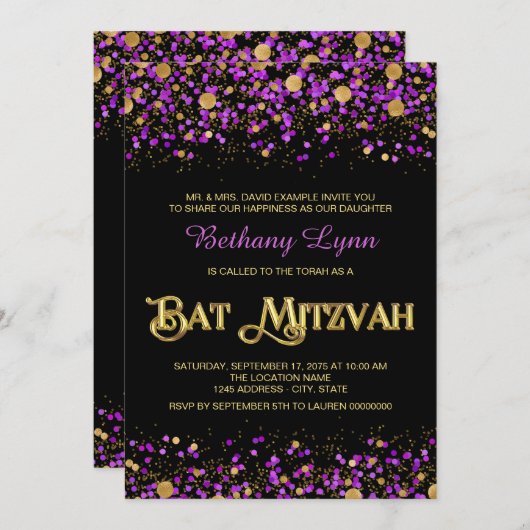Paarse en gouden Glitter Bat Mitzvah Kaart (Voorkant / Achterkant)