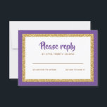 Paarse en Gouden Glitter Bat Mitzvah Reageer RSVP Kaartje<br><div class="desc">Deze trendy inlegkaart heeft aan de voorzijde een gedurfde belettering met een gelaagde look in goud glitter en wit,  en een effen gekleurde achtergrond. Voeg jouw tekst toe met behulp van het sjabloon formulier. Wijzig het lettertype,  de lay-out en de kleuren met de functie Aanpassen.</div>
