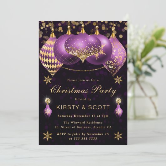 Paarse en Gouden Glitter Baubles Kerstfeest Kaart (Staand voorkant)