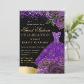 Paarse en gouden Glitter Jurk Glam Rozen Sweet 16 Kaart (Staand voorkant)