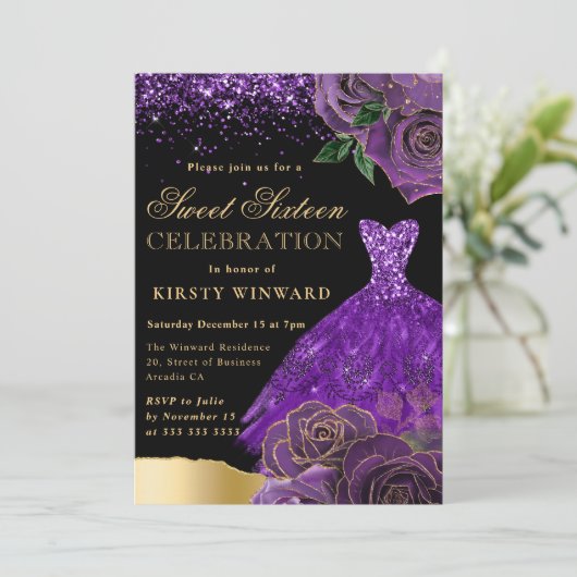 Paarse en gouden Glitter Jurk Glam Rozen Sweet 16 Kaart (Staand voorkant)