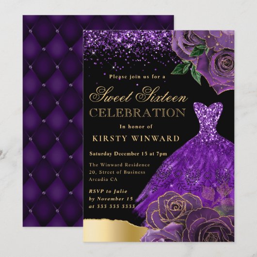 Paarse en gouden Glitter Jurk Glam Rozen Sweet 16 Kaart (Voorkant / Achterkant)