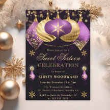 Paarse en Gouden Glitter Kerstballen Sweet Sixteen