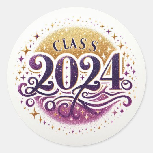 Paarse en gouden Glitter Klasse van 2024 Ronde Sticker (Voorkant)