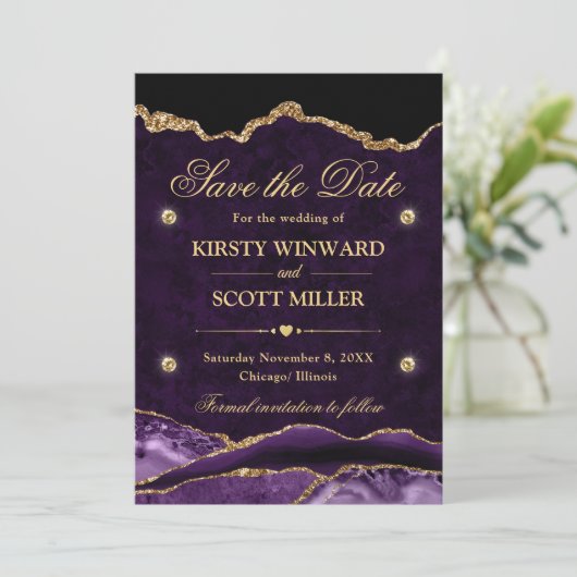 Paarse en Gouden Glitter Marmeren Agaat Save the D Save The Date (Staand voorkant)