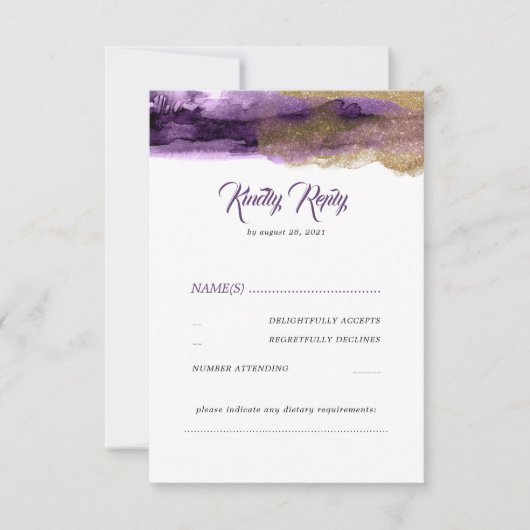 Paarse en gouden Glitter Modern Wedding RSVP (Voorkant)