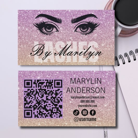 Paarse en gouden Glitter Ombre Lash Tech QR-code Visitekaartje