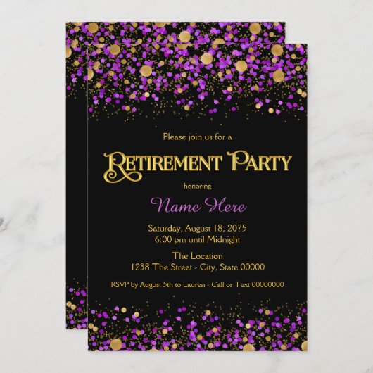 Paarse en Gouden Glitter Retirement Party Kaart (Voorkant / Achterkant)