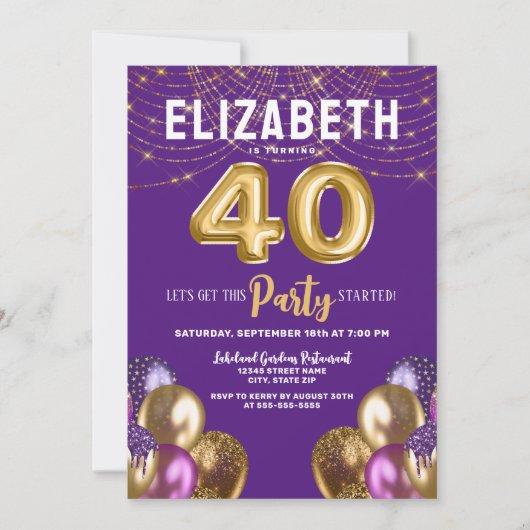 Paarse en gouden Glitterballonnen 40e Verjaardag Kaart (Voorkant)