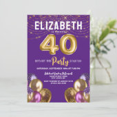 Paarse en gouden Glitterballonnen 40e Verjaardag Kaart (Staand voorkant)