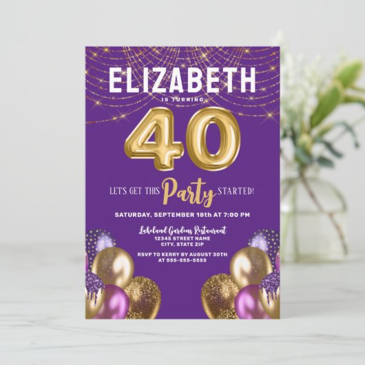 Paarse en gouden Glitterballonnen 40e Verjaardag Kaart (Staand voorkant)