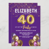 Paarse en gouden Glitterballonnen 40e Verjaardag Kaart (Voorkant / Achterkant)