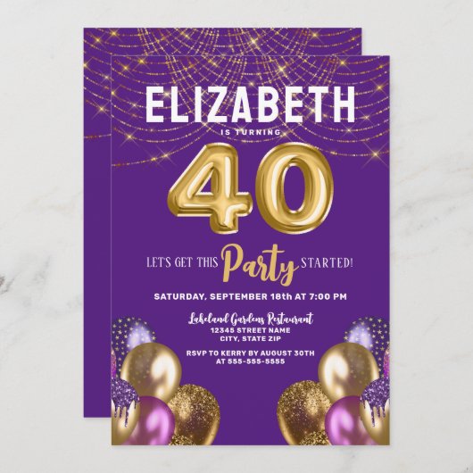 Paarse en gouden Glitterballonnen 40e Verjaardag Kaart (Voorkant / Achterkant)