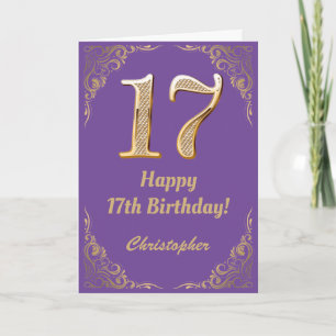 Paarse en gouden glitterframe voor 17e verjaardag kaart