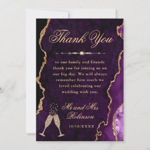 Paarse en gouden glitters agaat & marmeren bruilof bedankkaart