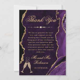 Paarse en gouden glitters agaat & marmeren bruilof bedankkaart