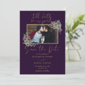 Paarse en gouden gotische bloemenfoto bruiloft save the date (Staand voorkant)