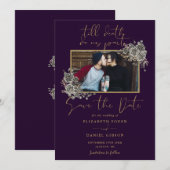 Paarse en gouden gotische bloemenfoto bruiloft save the date (Voorkant / Achterkant)