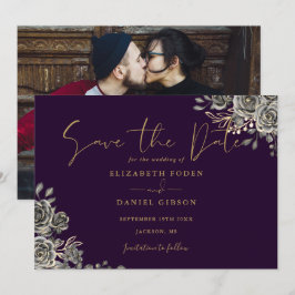 Paarse en gouden gotische bloemenfoto bruiloft save the date