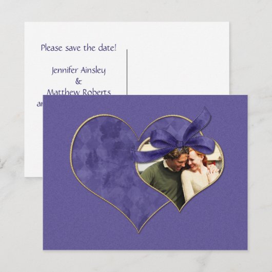 Paarse en gouden harten Foto Save The Date Aankondigingskaart (Voorkant / Achterkant)