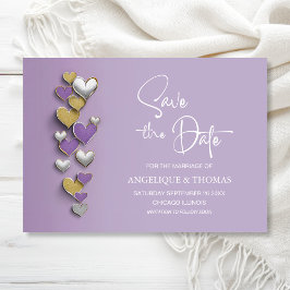 Paarse en Gouden Hartjes Huwelijk Save the Date