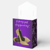 Paarse en gouden hoge hak schoen verjaardag bedankdoosjes (Geopend)