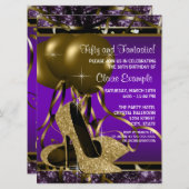 Paarse en gouden hoge hakken verjaardagsfeestje kaart (Voorkant / Achterkant)