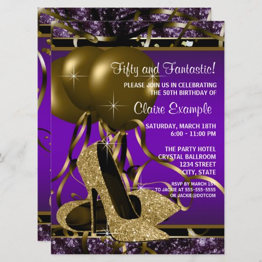 Paarse en gouden hoge hakken verjaardagsfeestje kaart (Voorkant / Achterkant)