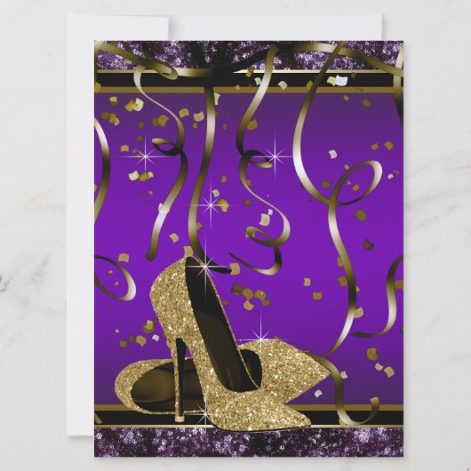 Paarse en gouden hoge hakken verjaardagsfeestje kaart (Achterkant)
